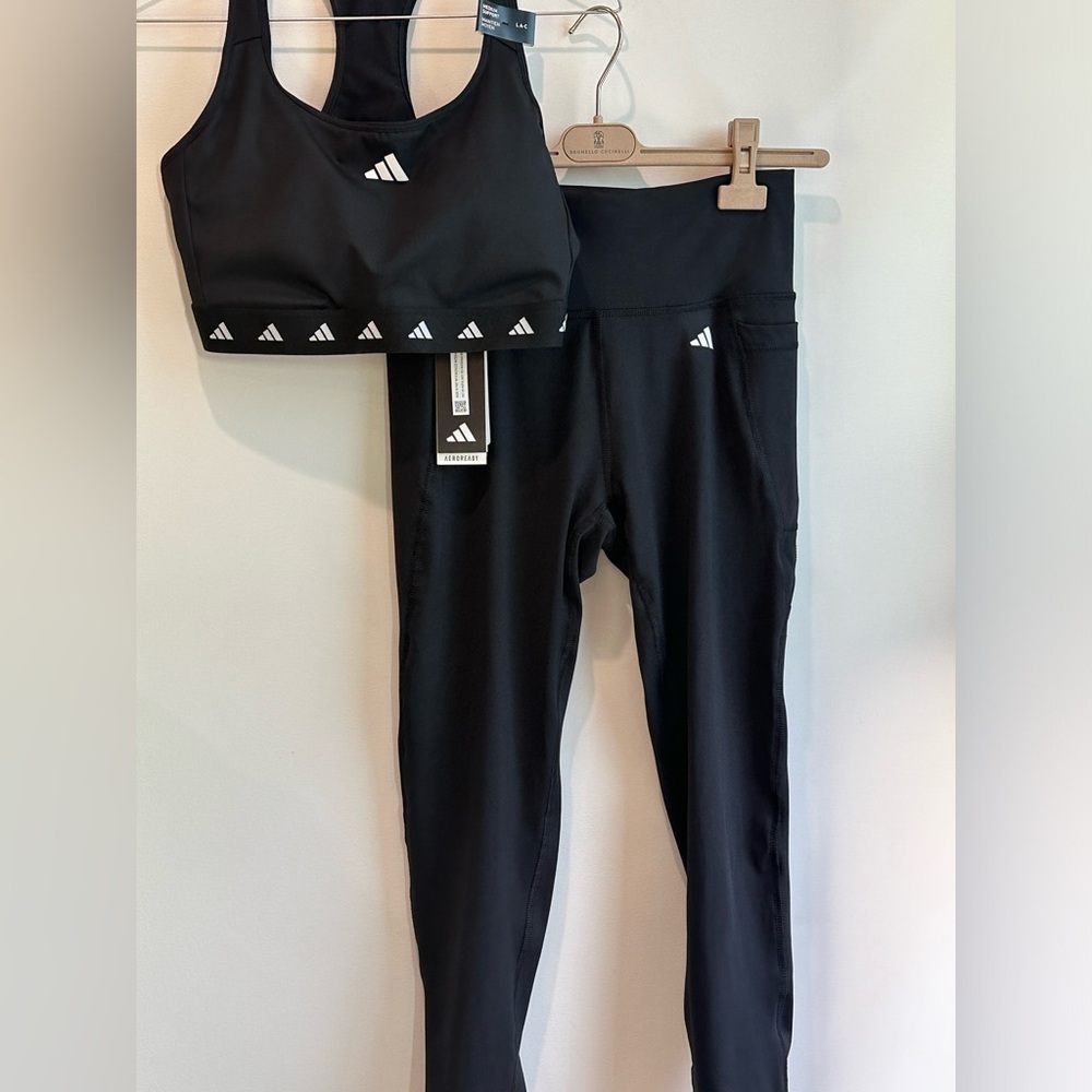 NWT Adidas black gym work out set in size large